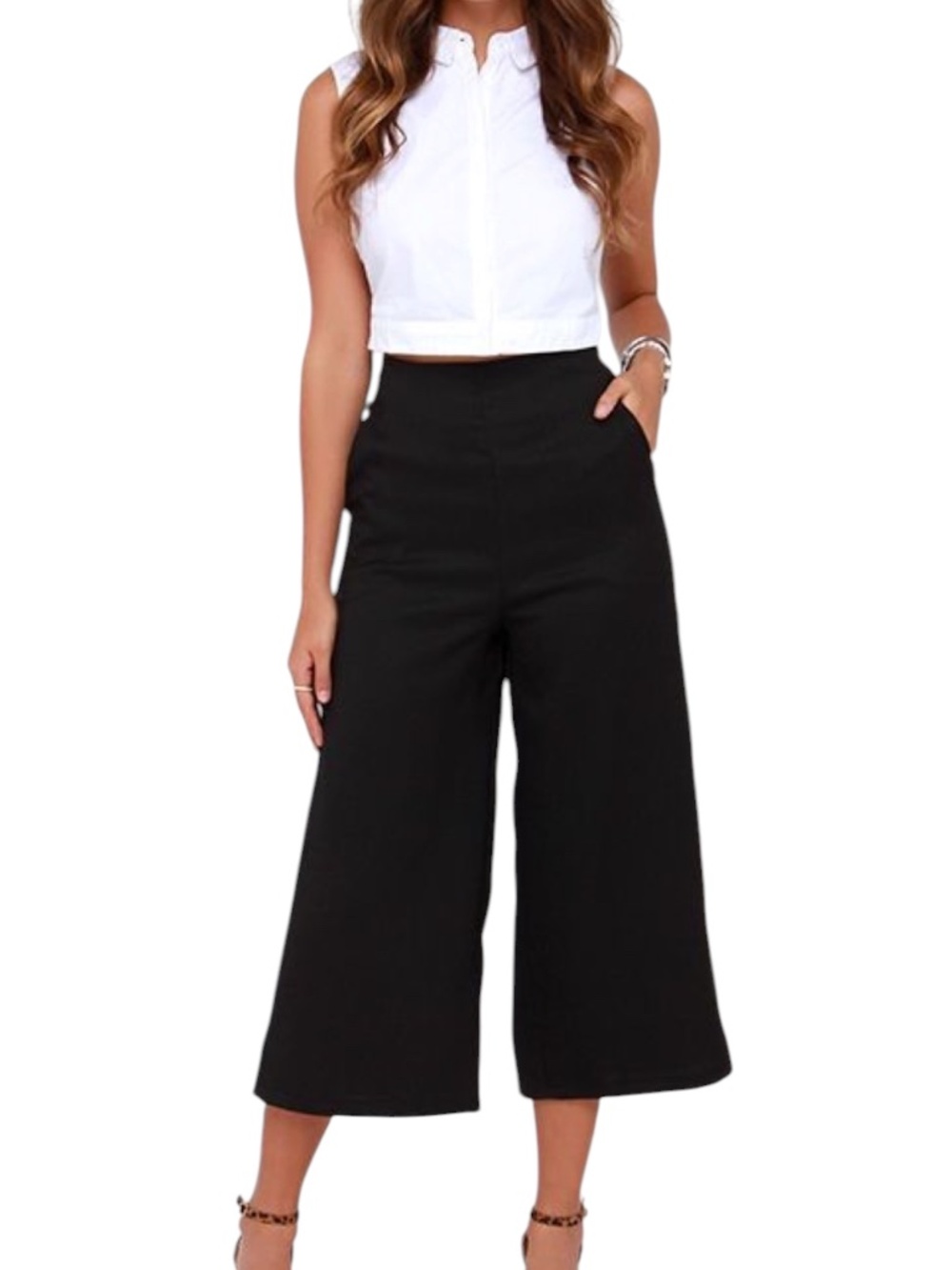 COS Cropped Rayon Wide Leg Pant Black Pull On Side Zipper Pockets Size 8